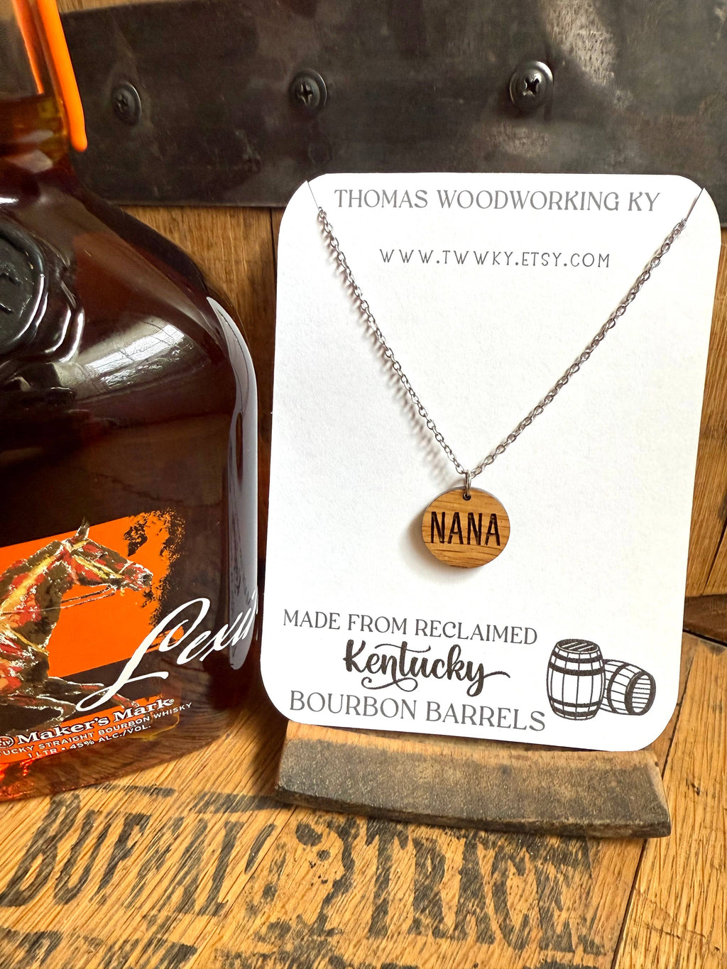 Wood Nana Necklace made from Kentucky Bourbon Barrels.