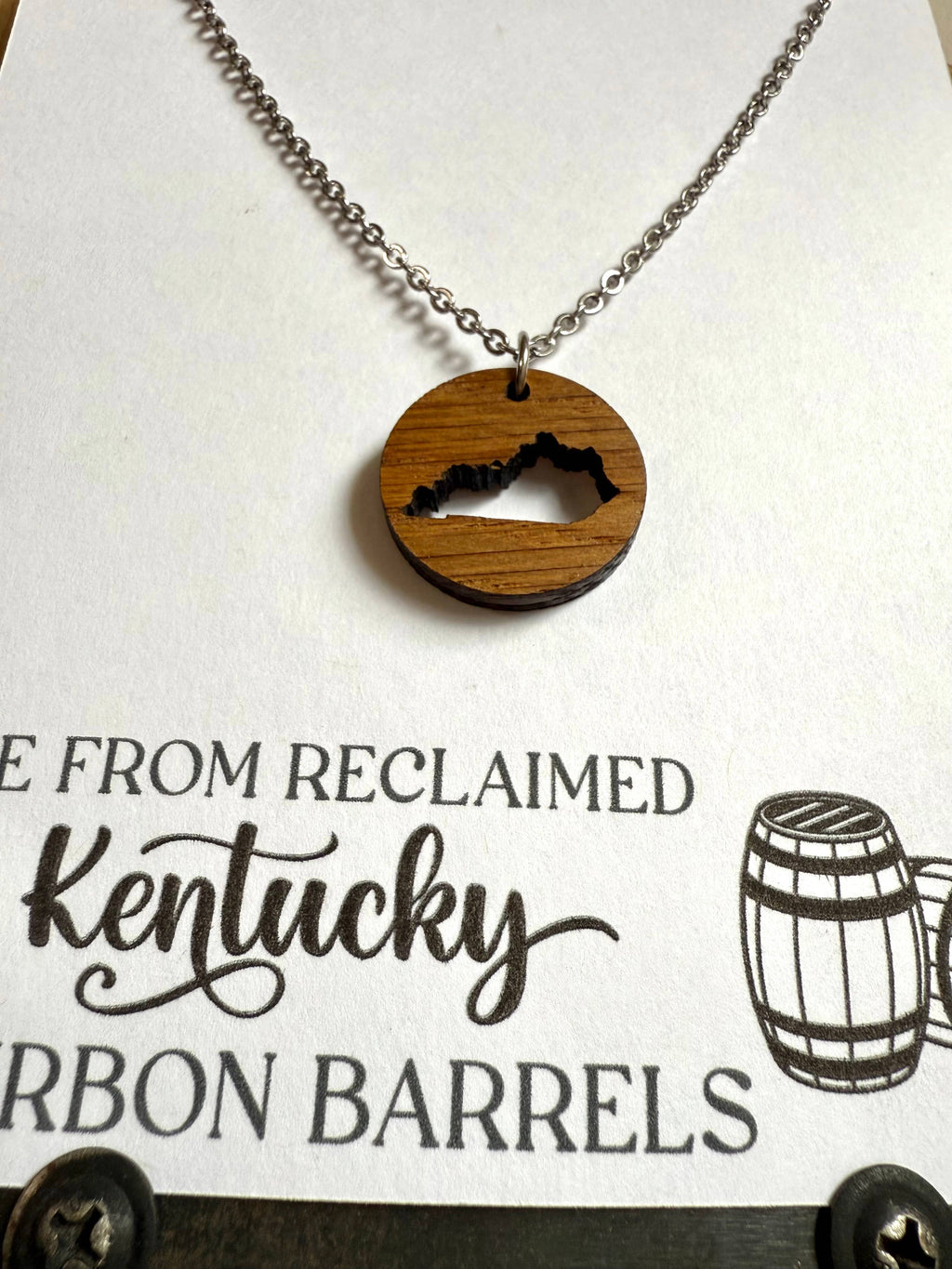Wood Kentucky Necklace made from bourbon whiskey barrels.