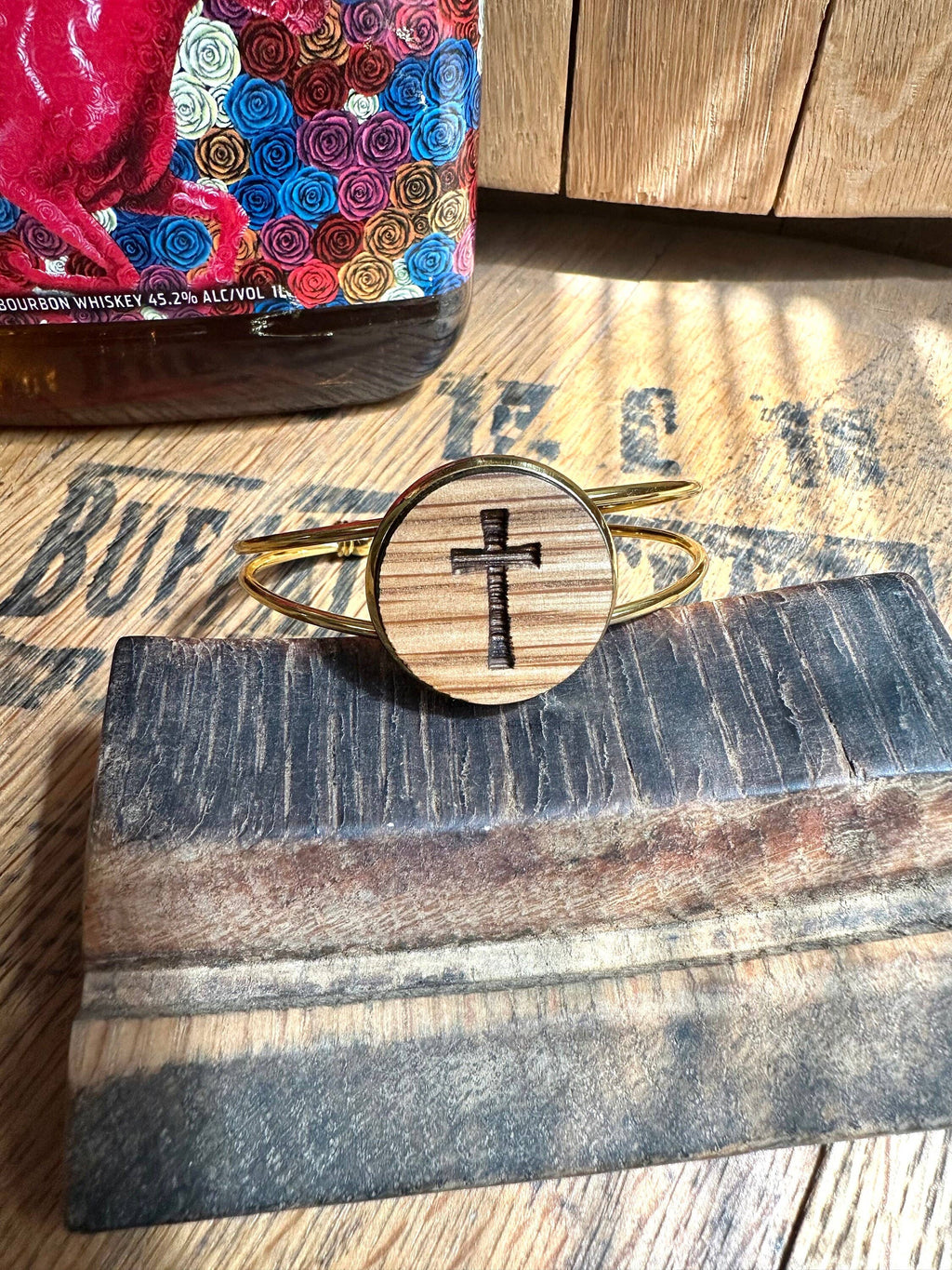 Cross Cuff Bracelet from Reclaimed Kentucky Bourbon Barrels