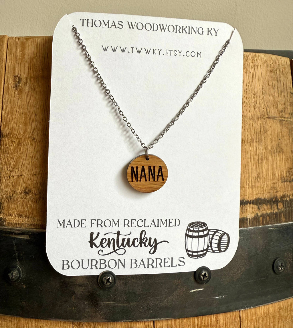 Wood Nana Necklace made from Kentucky Bourbon Barrels.