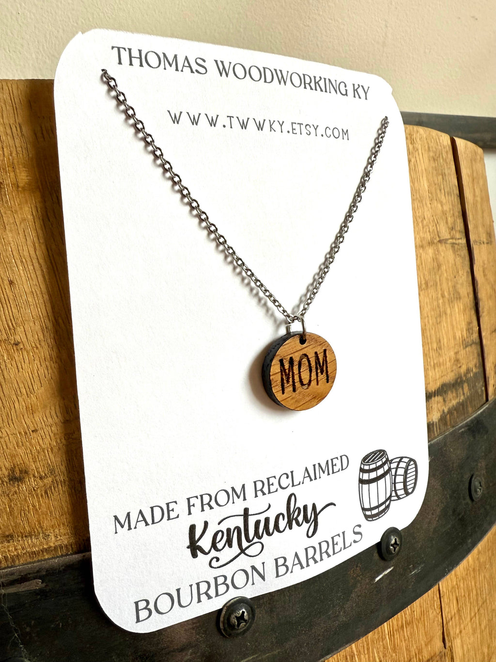 Wood Mom Necklace made from reclaimed Whiskey Barrels.