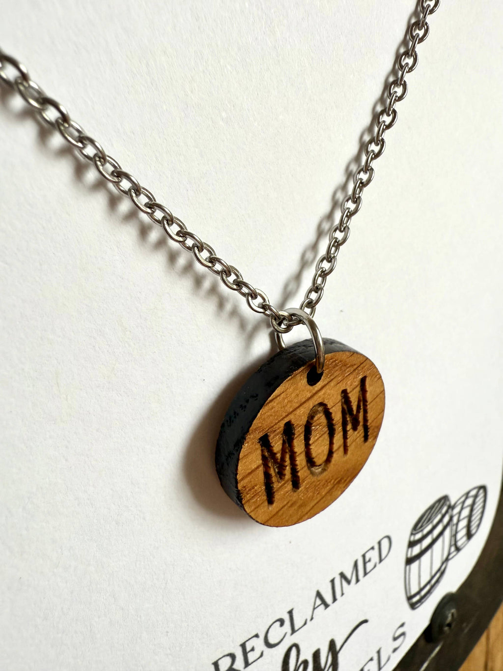 Wood Mom Necklace made from reclaimed Whiskey Barrels.