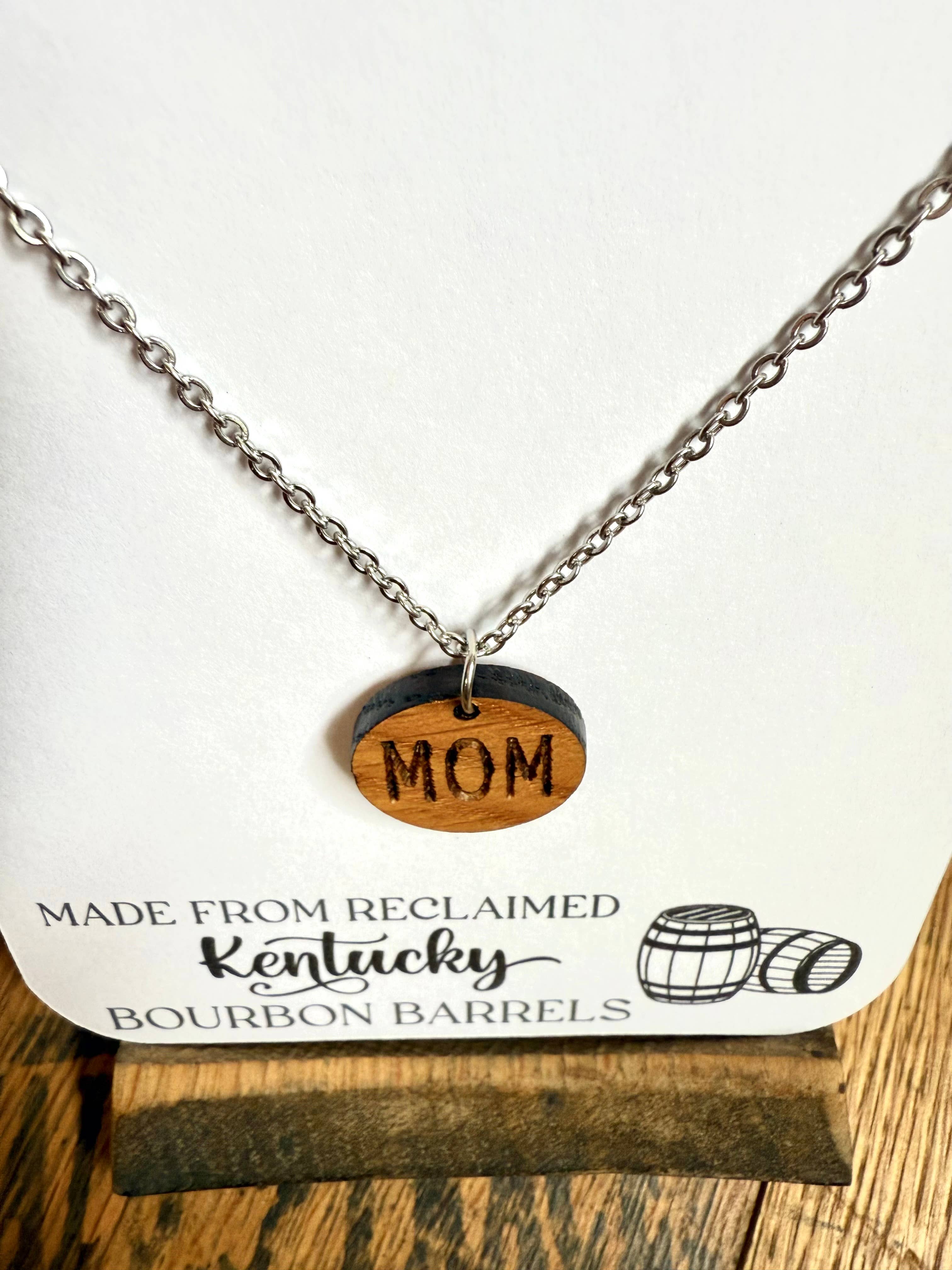 Wood Mom Necklace made from reclaimed Whiskey Barrels.