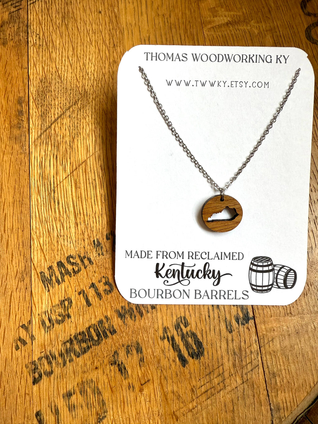 Wood Kentucky Necklace made from bourbon whiskey barrels.