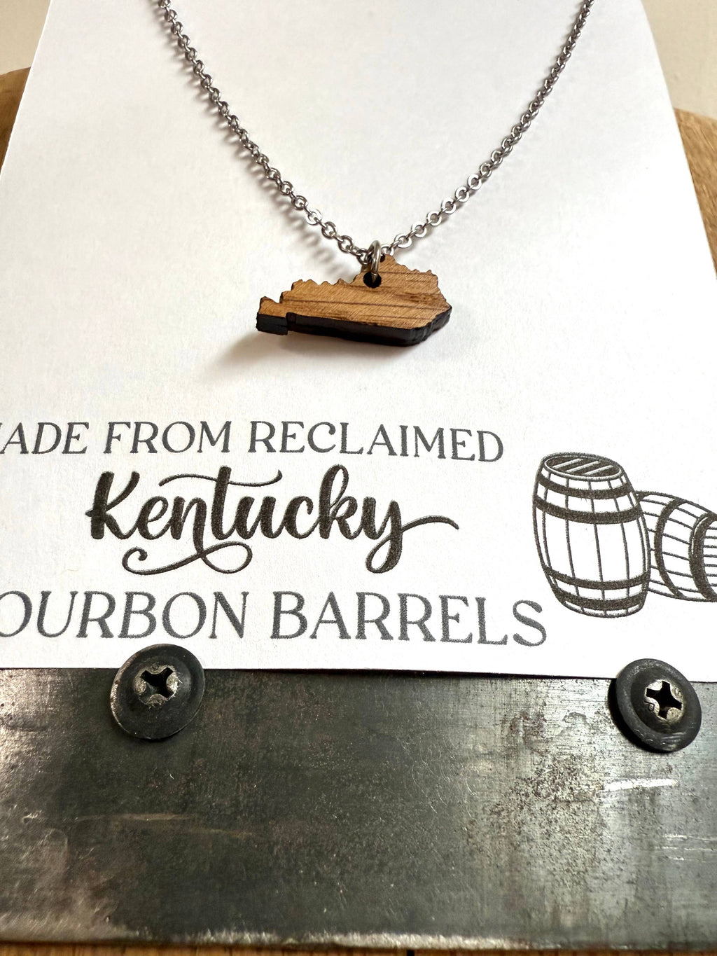 Wood Kentucky Necklace made from Kentucky Bourbon Barrels.