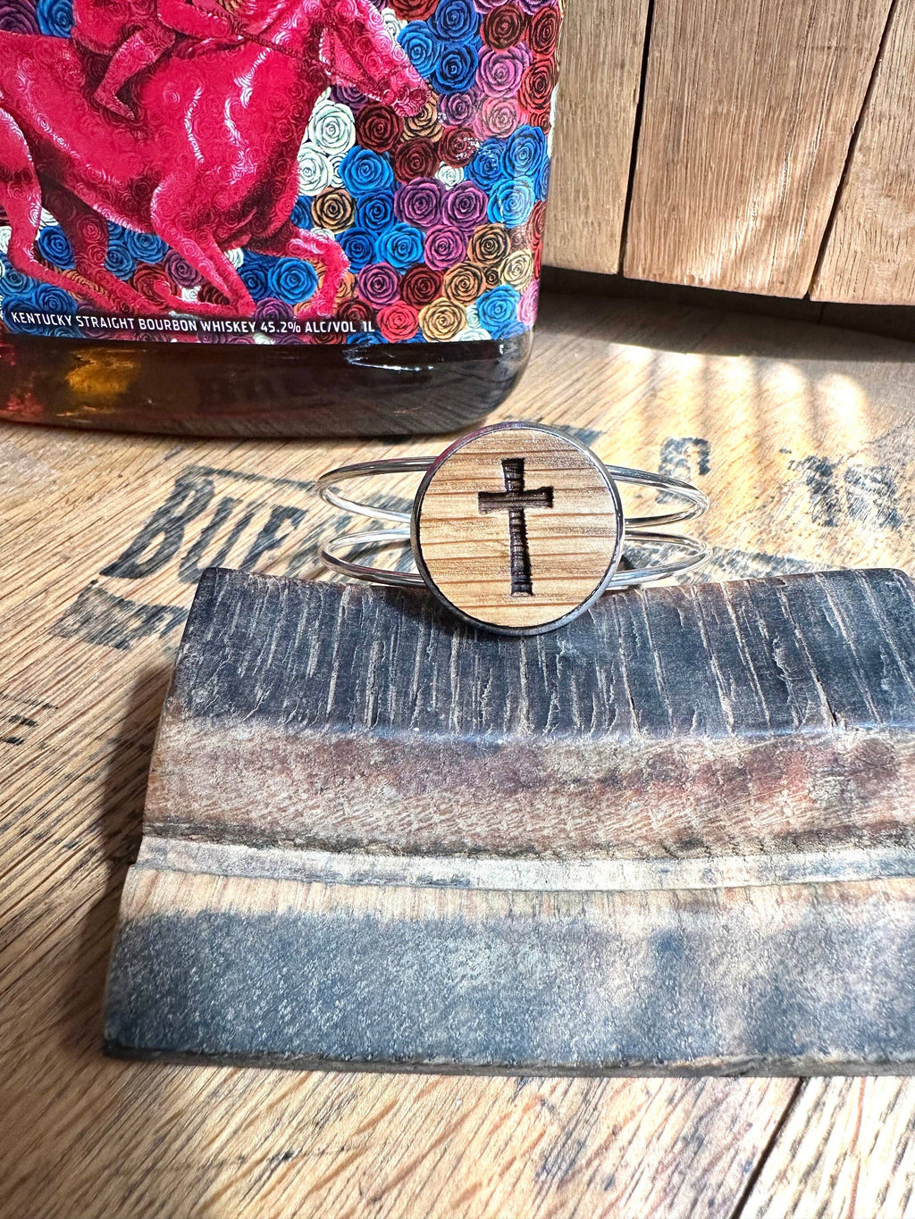Cross Cuff Bracelet from Reclaimed Kentucky Bourbon Barrels