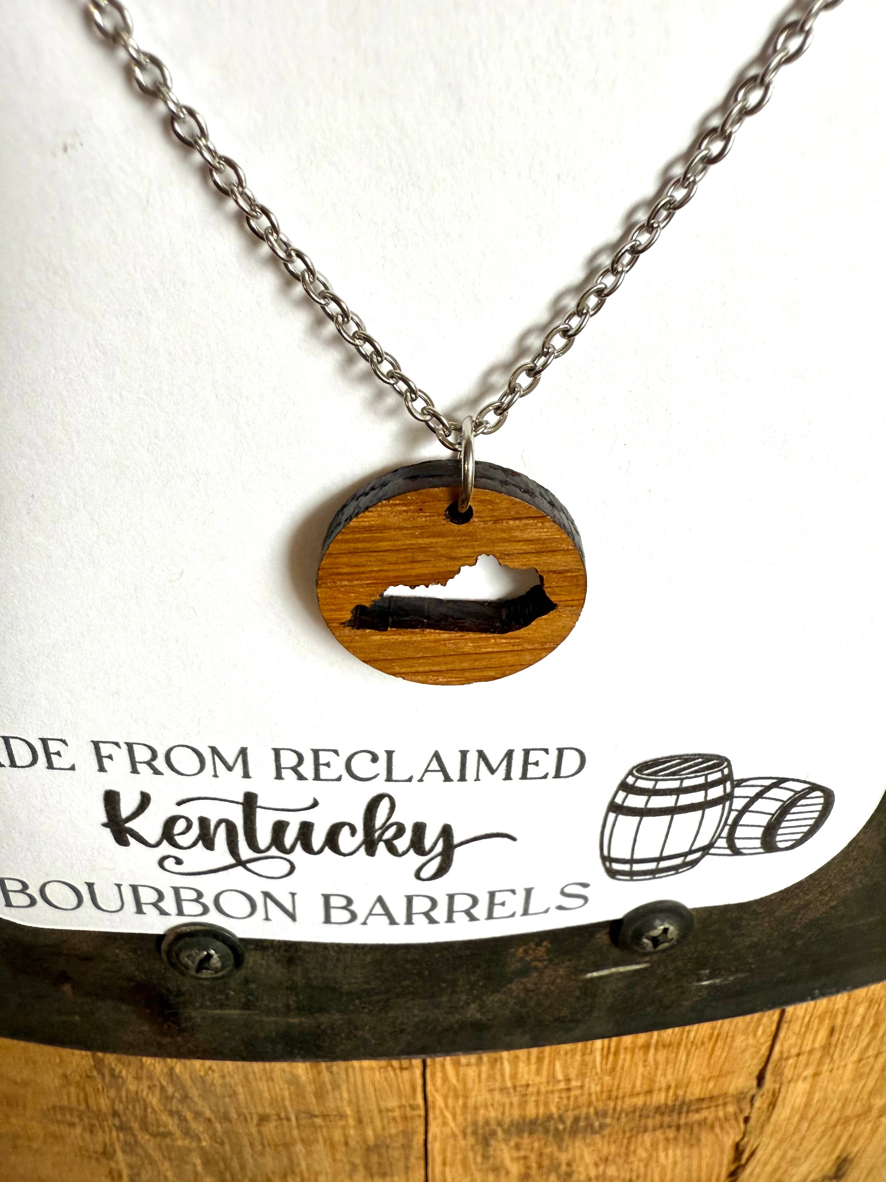 Wood Kentucky Necklace made from bourbon whiskey barrels.