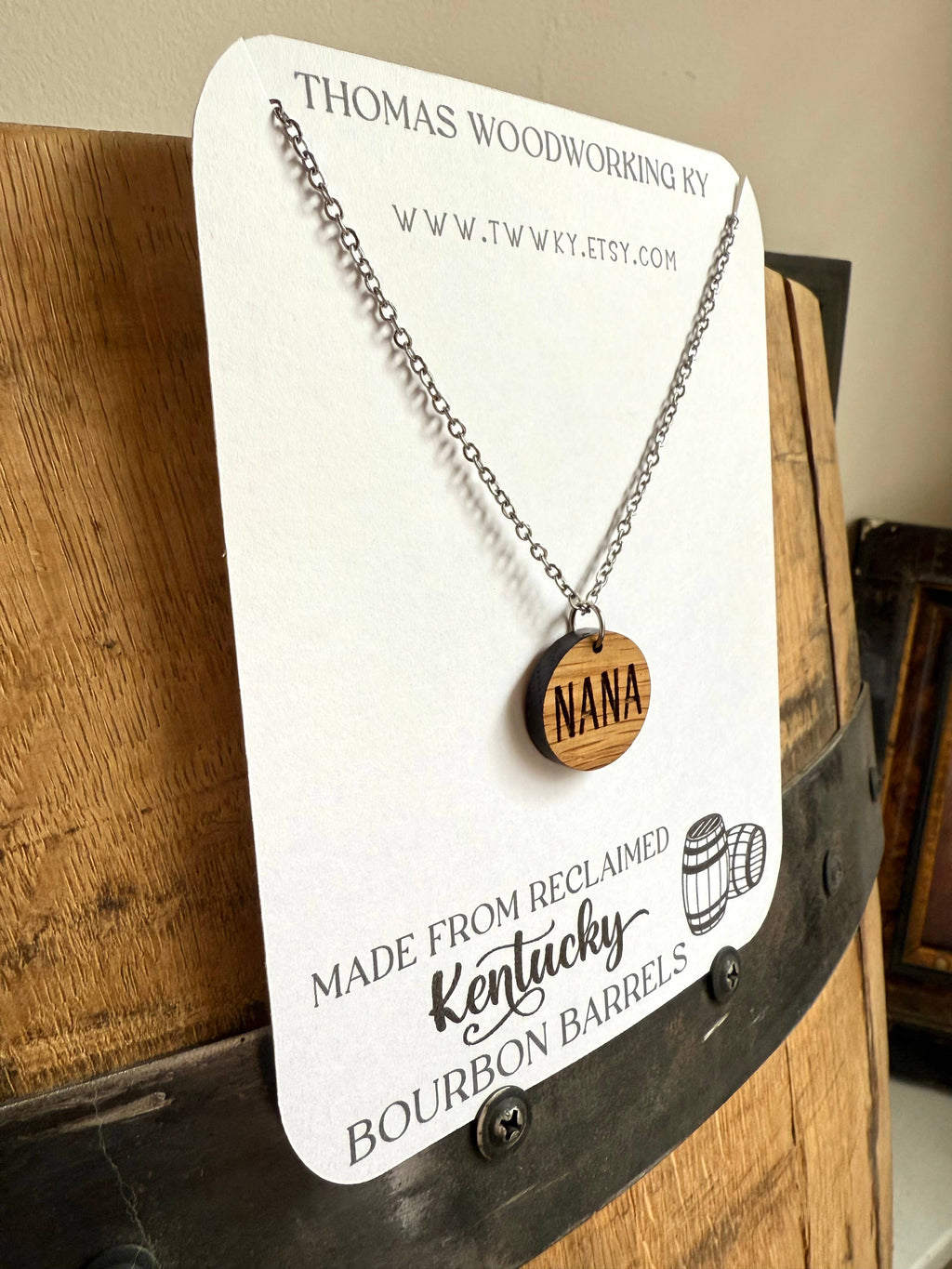 Wood Nana Necklace made from Kentucky Bourbon Barrels.