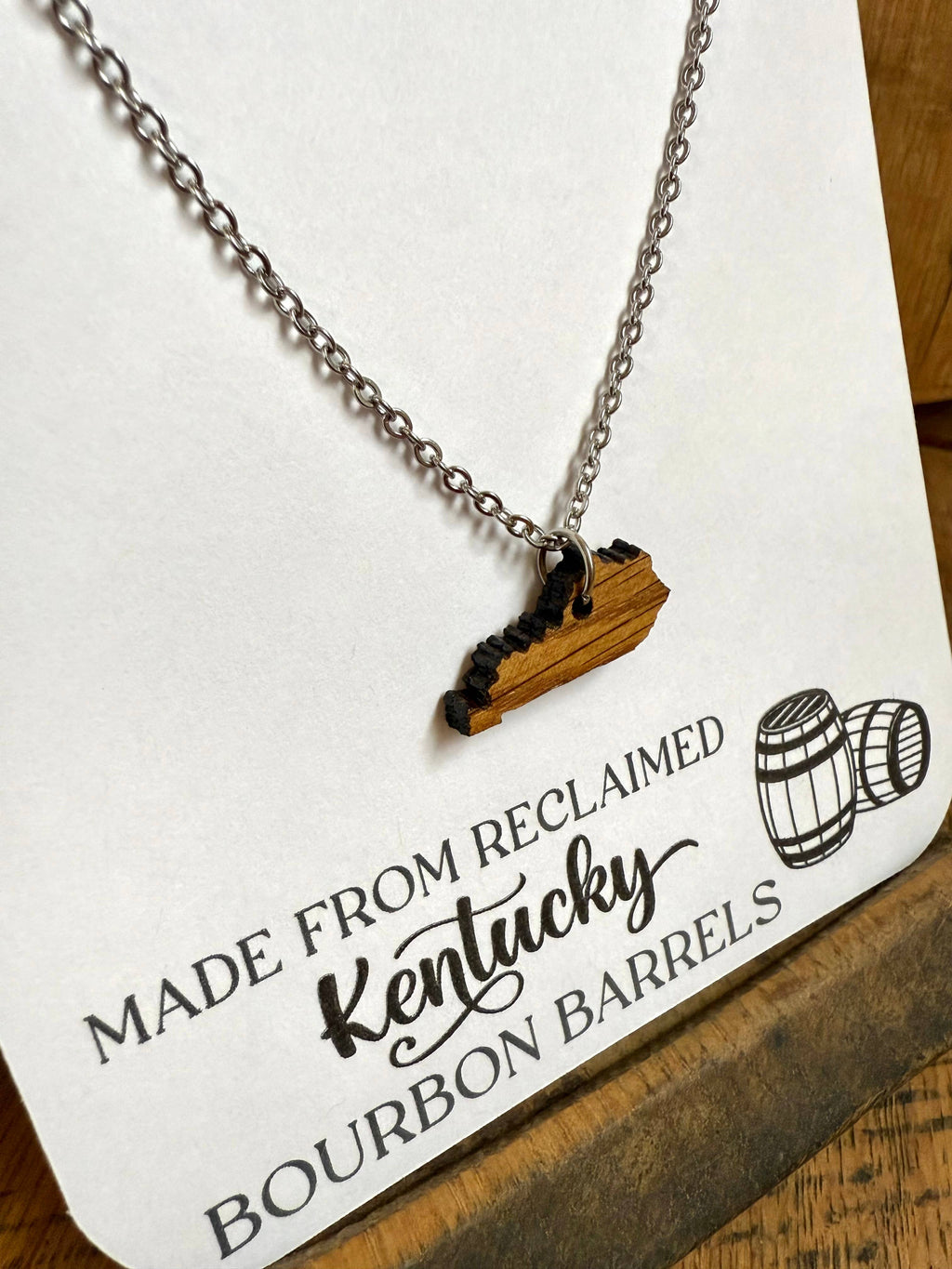 Wood Kentucky Necklace made from Kentucky Bourbon Barrels.