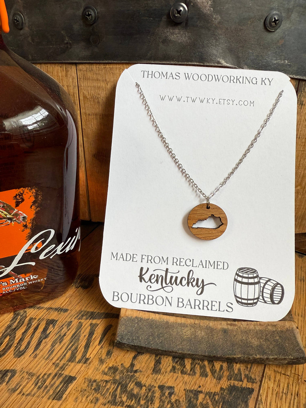 Wood Kentucky Necklace made from bourbon whiskey barrels.