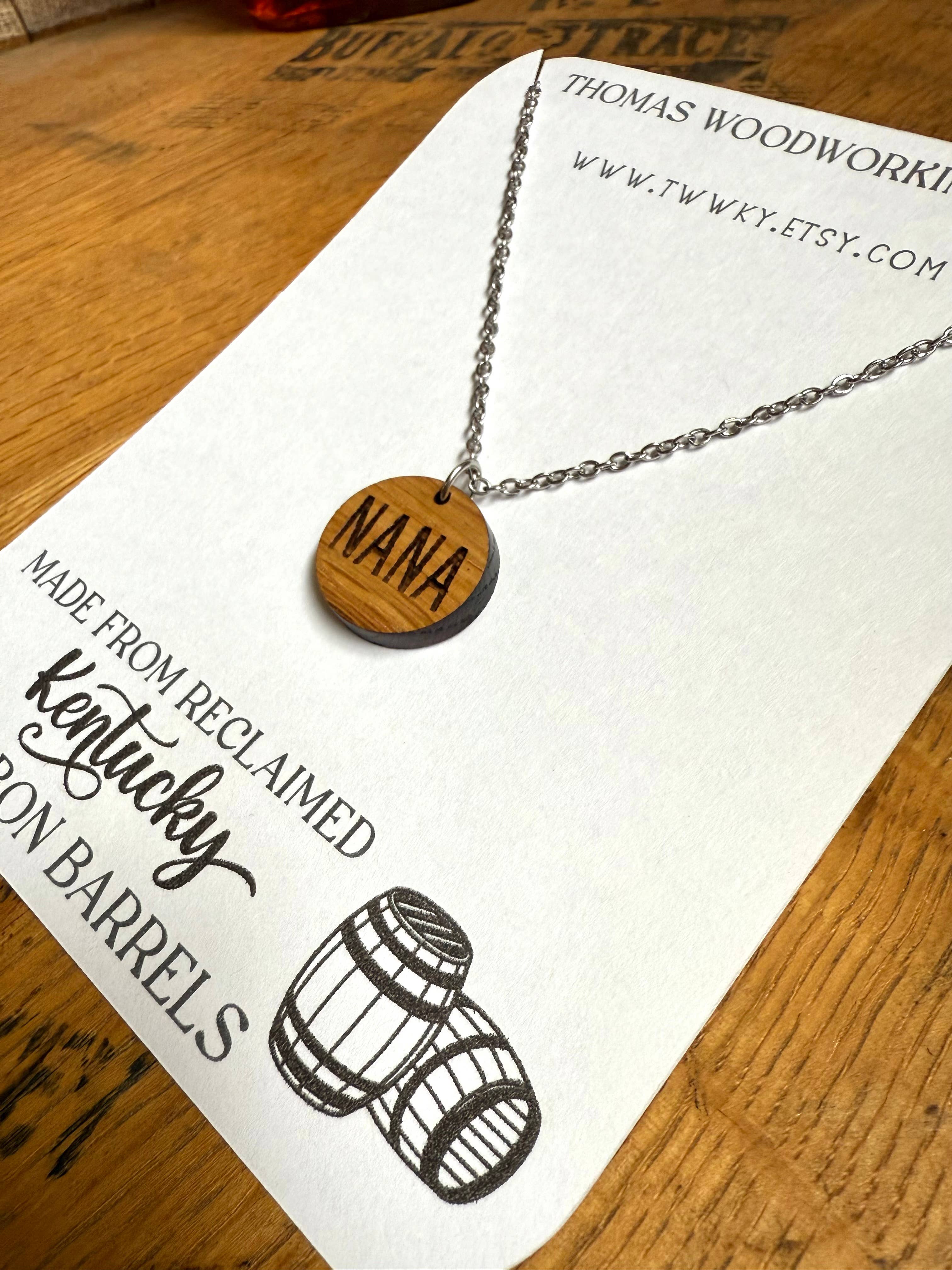 Wood Nana Necklace made from Kentucky Bourbon Barrels.