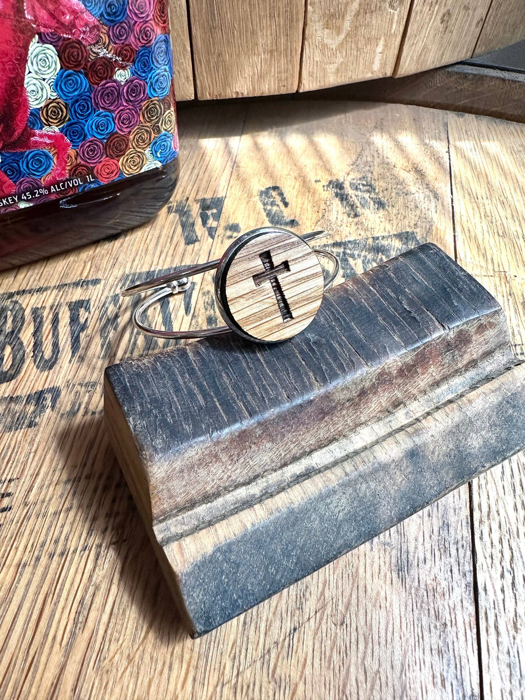 Cross Cuff Bracelet from Reclaimed Kentucky Bourbon Barrels