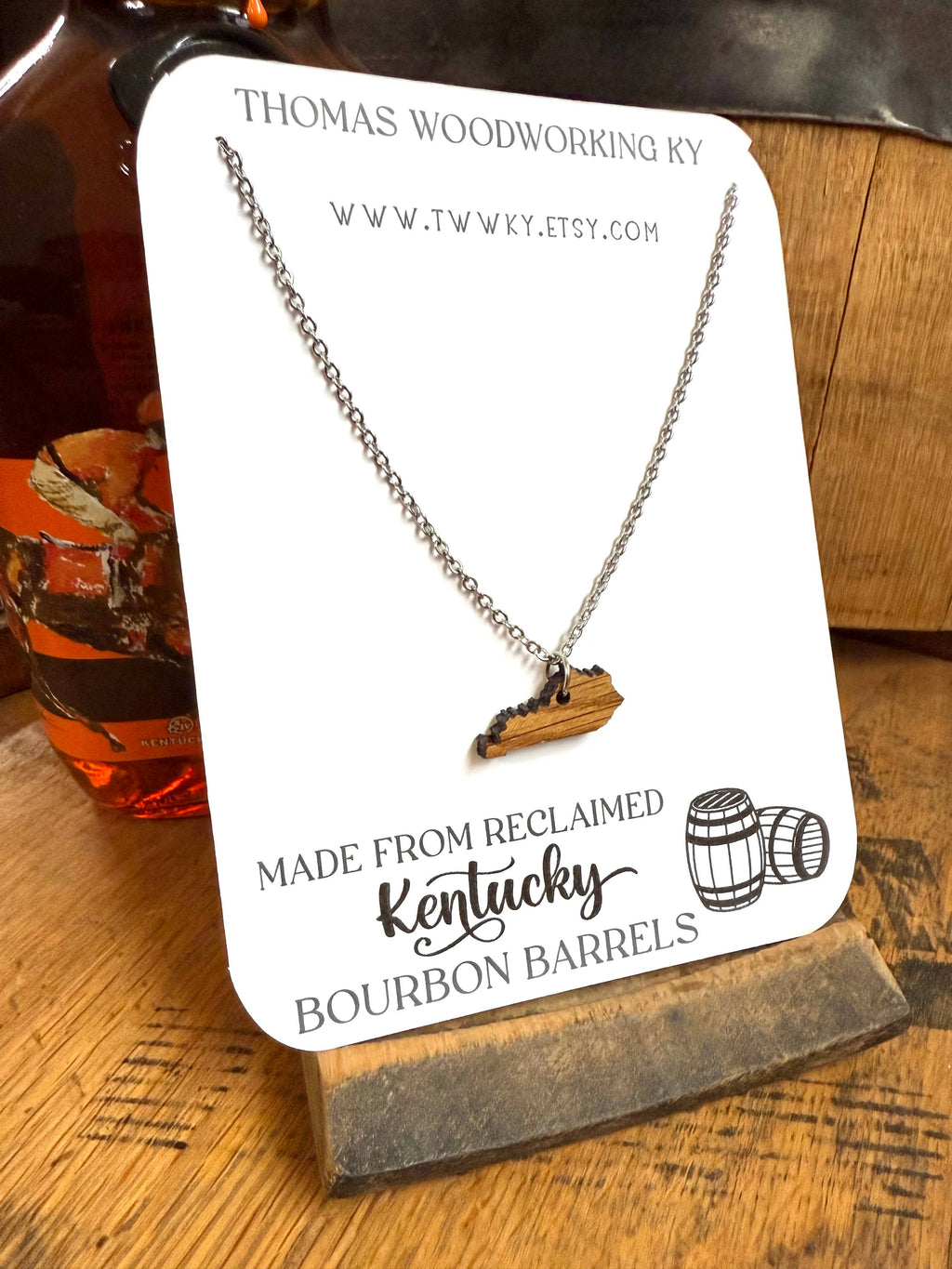 Wood Kentucky Necklace made from Kentucky Bourbon Barrels.