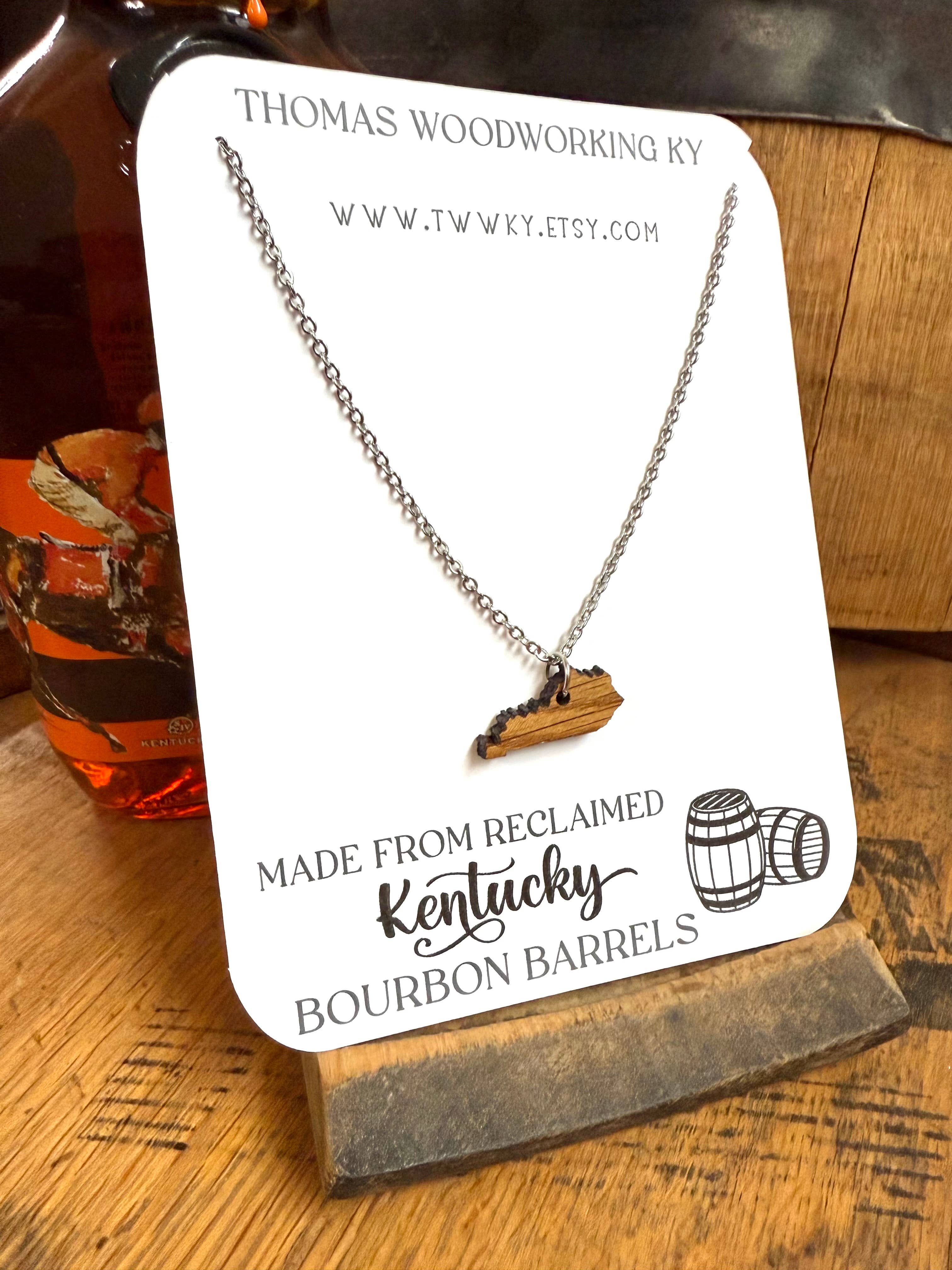 Wood Kentucky Necklace made from Kentucky Bourbon Barrels.