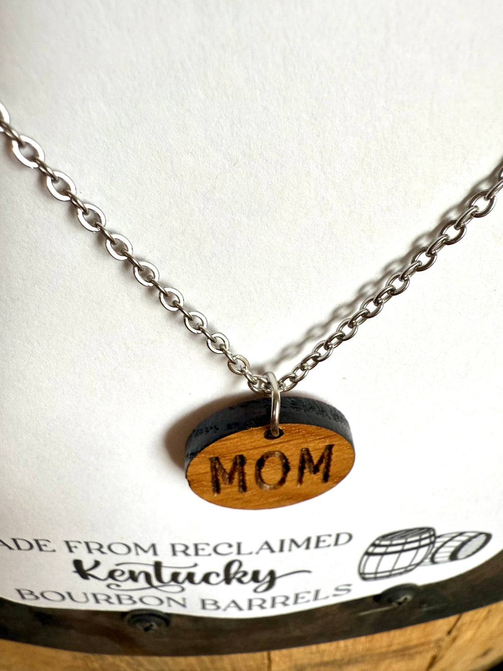 Wood Mom Necklace made from reclaimed Whiskey Barrels.