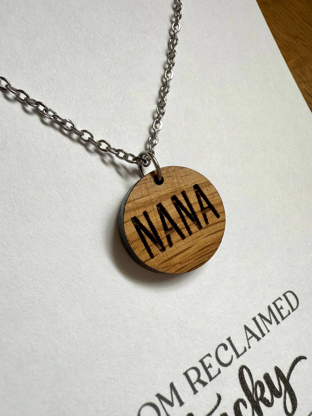 Wood Nana Necklace made from Kentucky Bourbon Barrels.