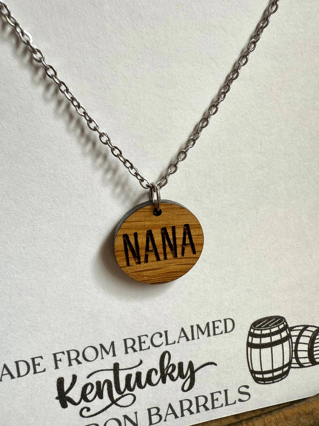 Wood Nana Necklace made from Kentucky Bourbon Barrels.