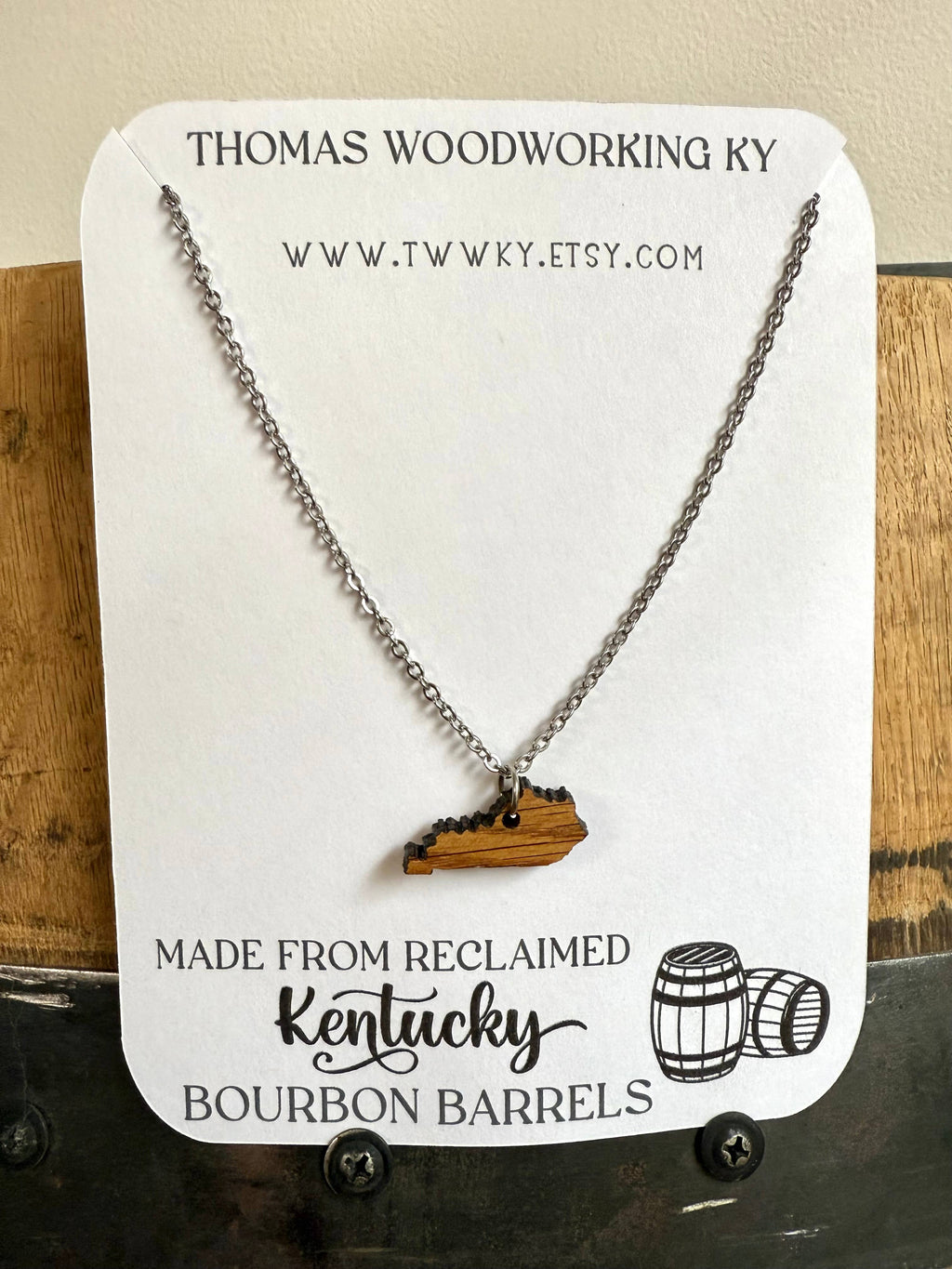 Wood Kentucky Necklace made from Kentucky Bourbon Barrels.