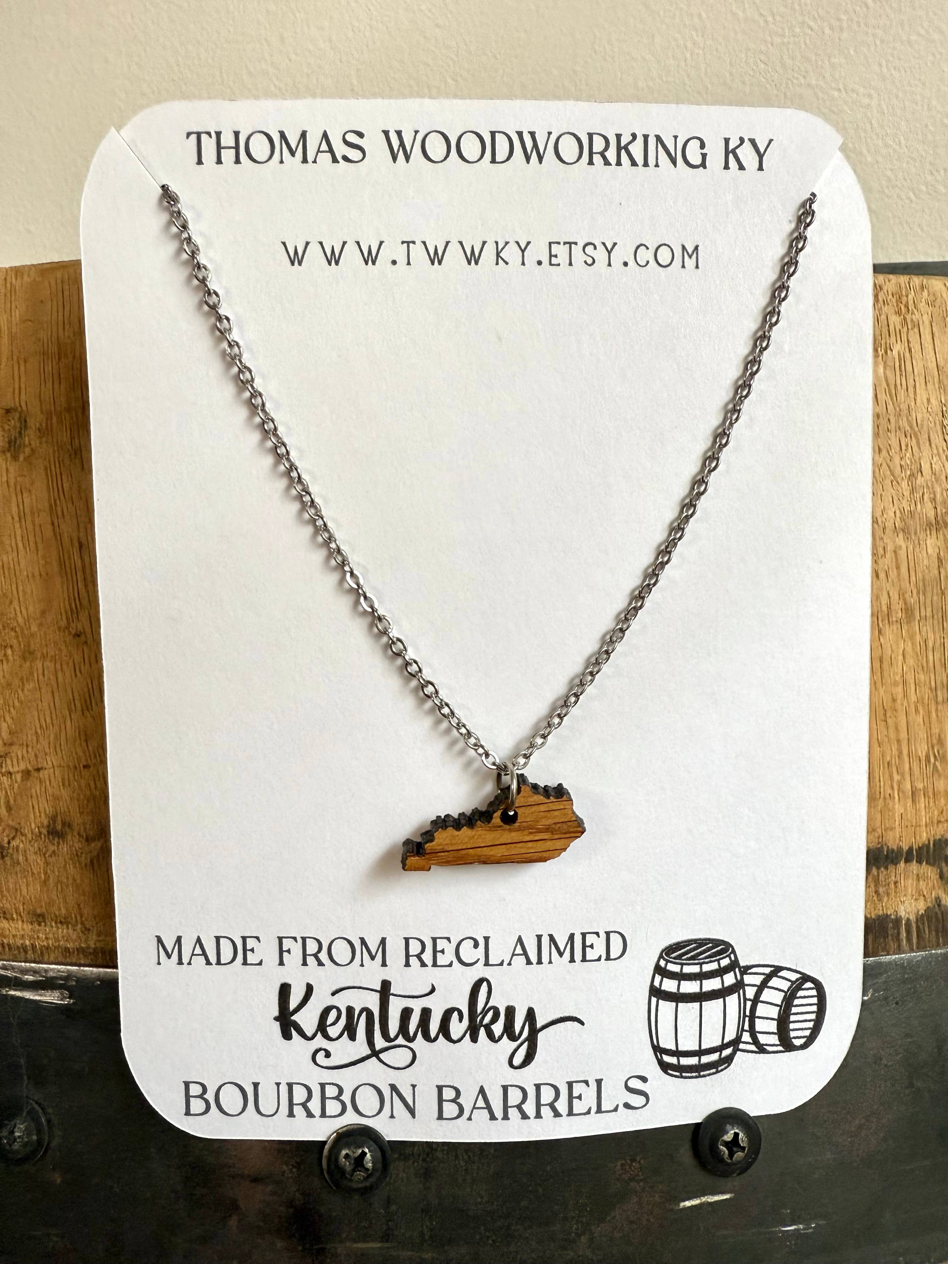 Wood Kentucky Necklace made from Kentucky Bourbon Barrels.