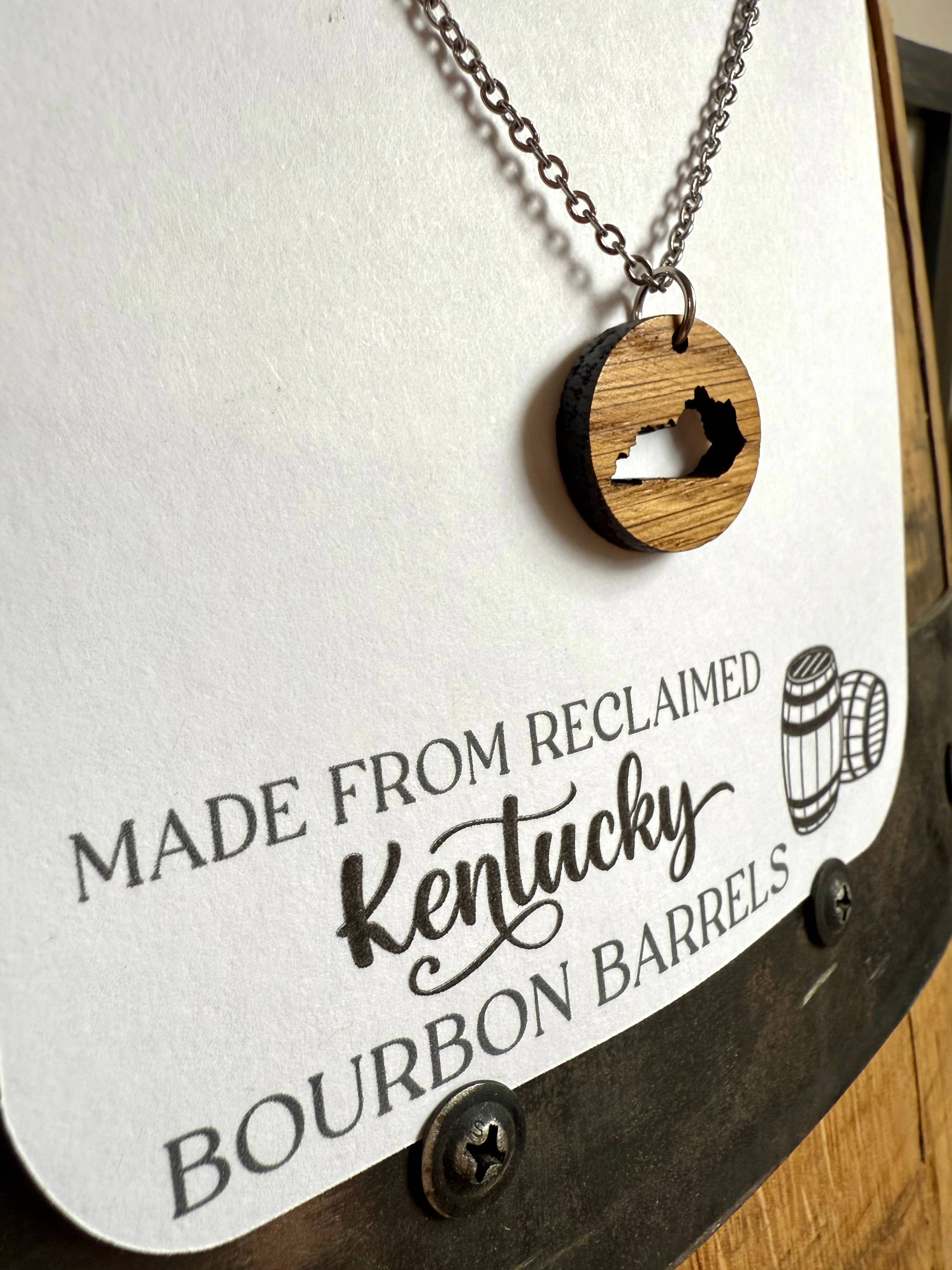 Wood Kentucky Necklace made from bourbon whiskey barrels.