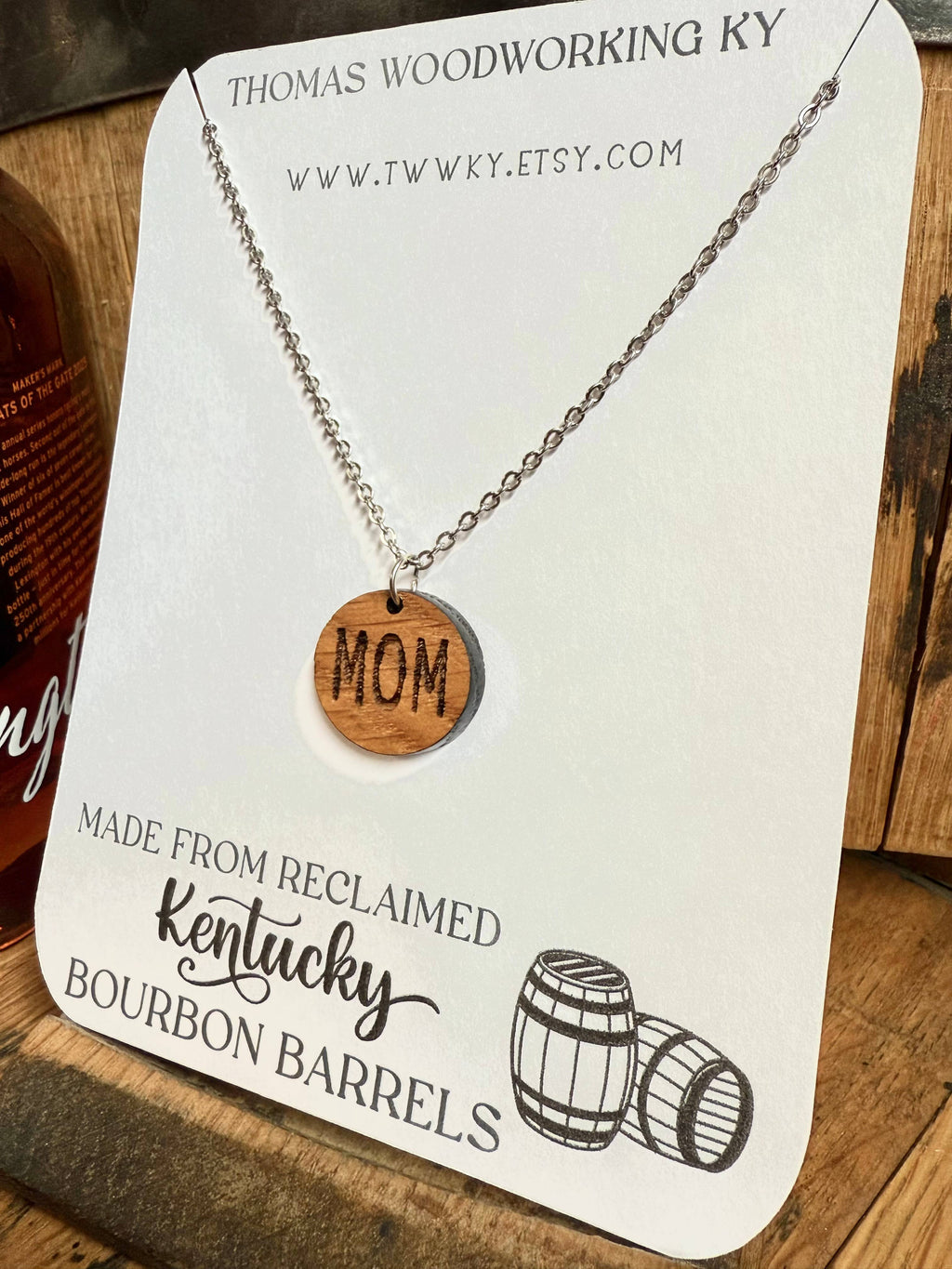Wood Mom Necklace made from reclaimed Whiskey Barrels.