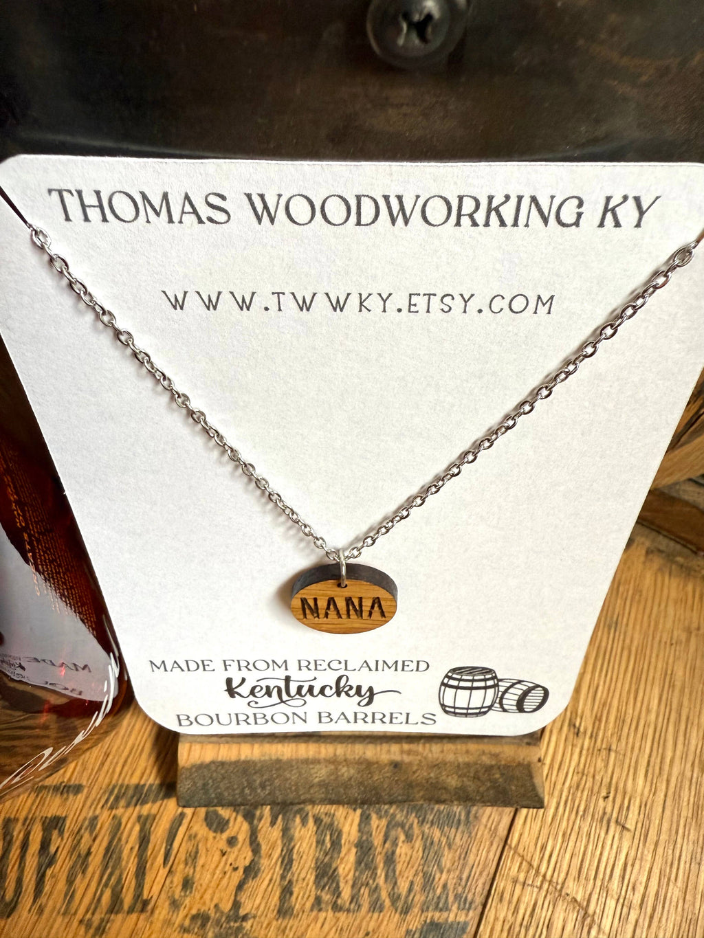 Wood Nana Necklace made from Kentucky Bourbon Barrels.