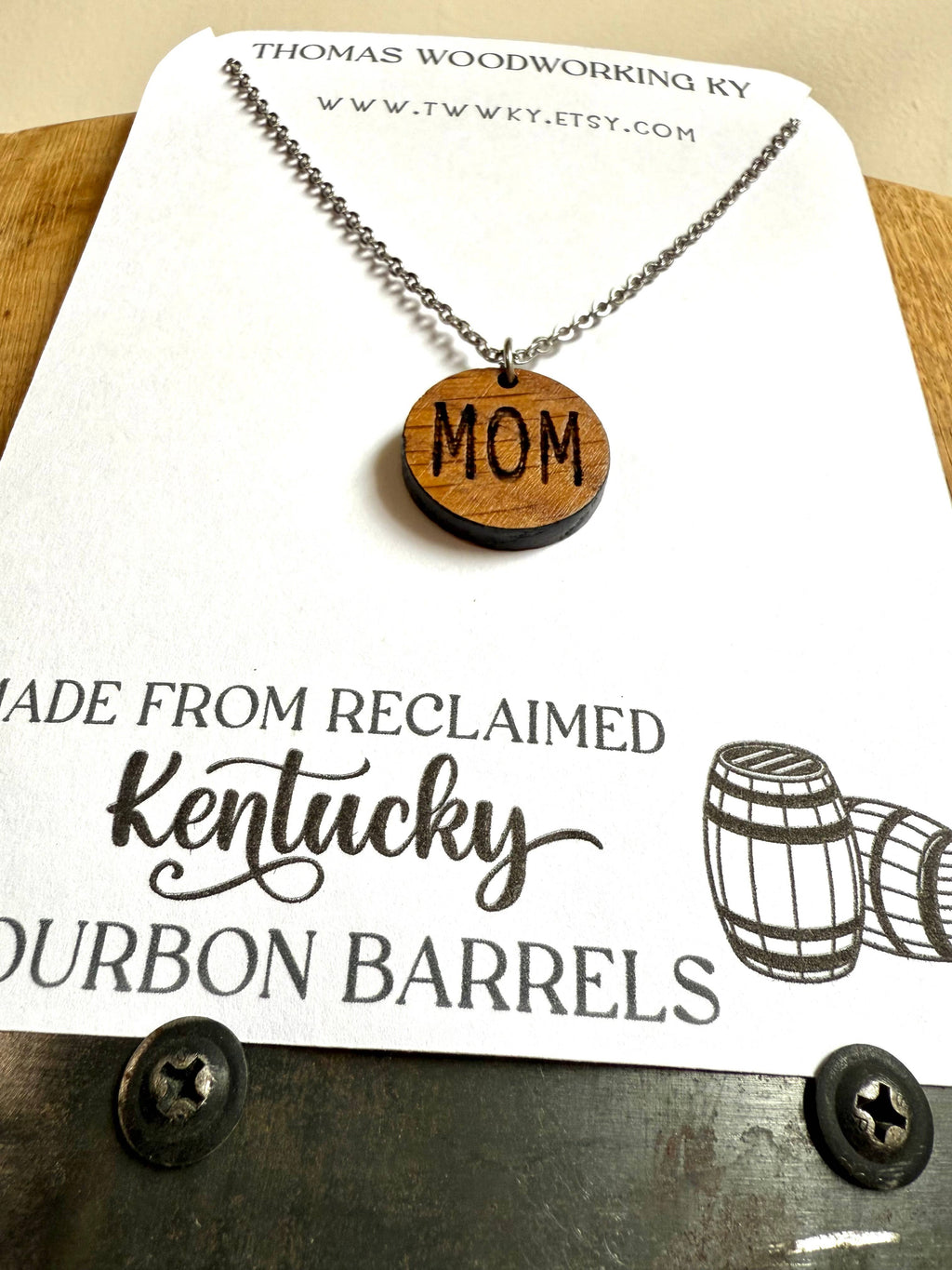 Wood Mom Necklace made from reclaimed Whiskey Barrels.