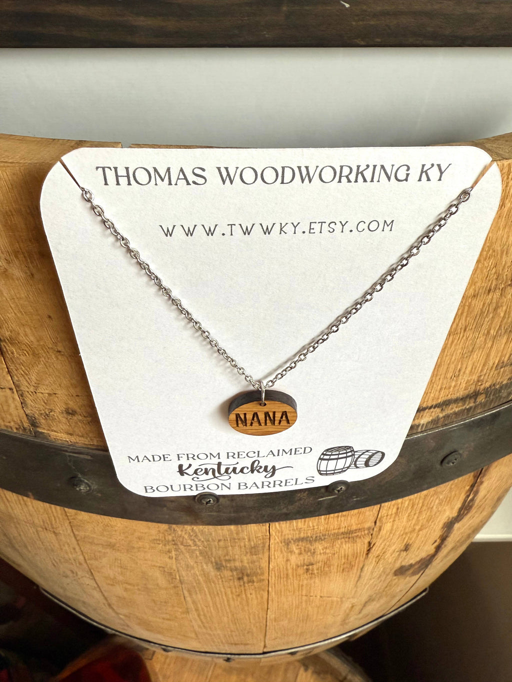 Wood Nana Necklace made from Kentucky Bourbon Barrels.