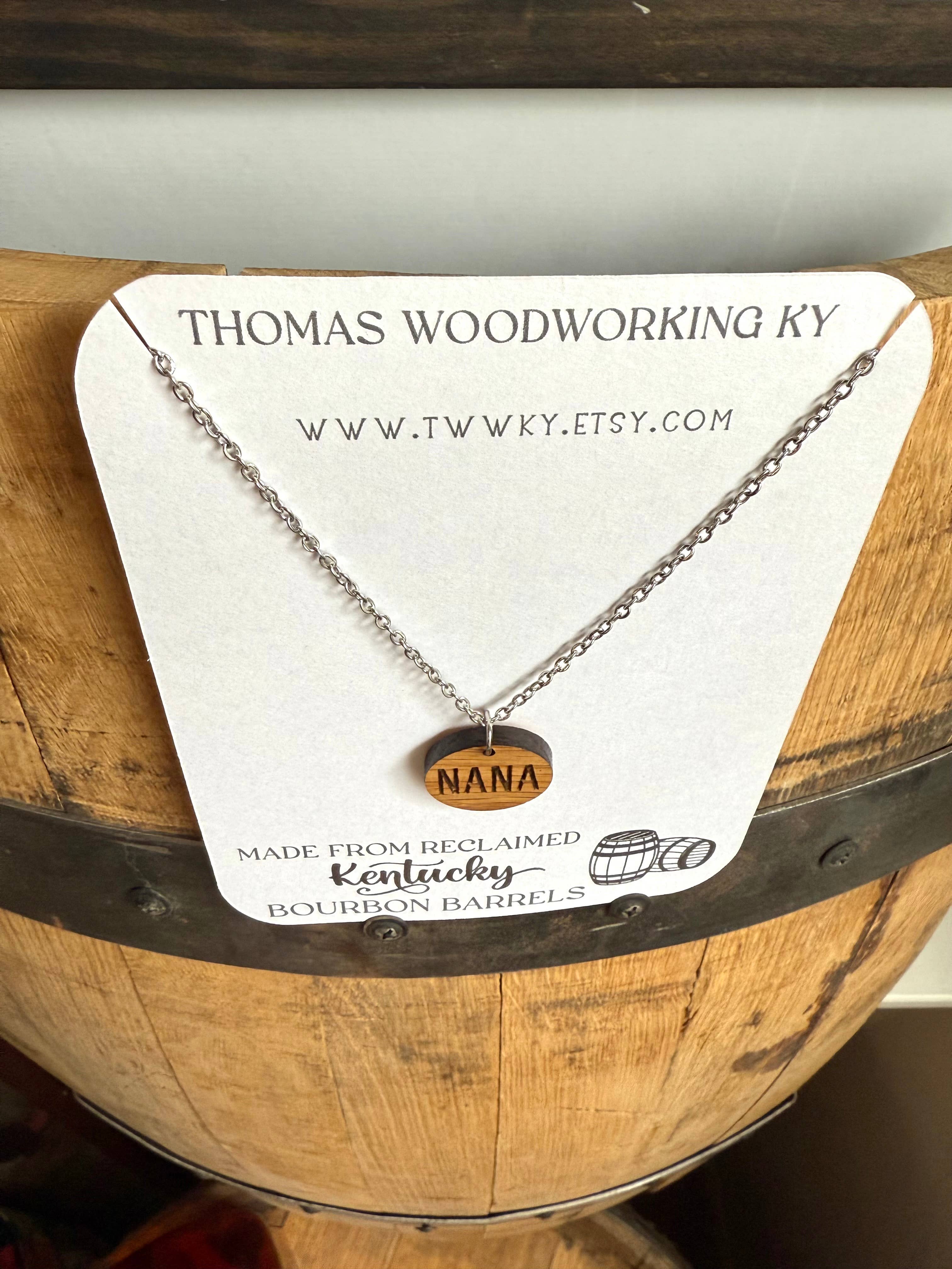 Wood Nana Necklace made from Kentucky Bourbon Barrels.