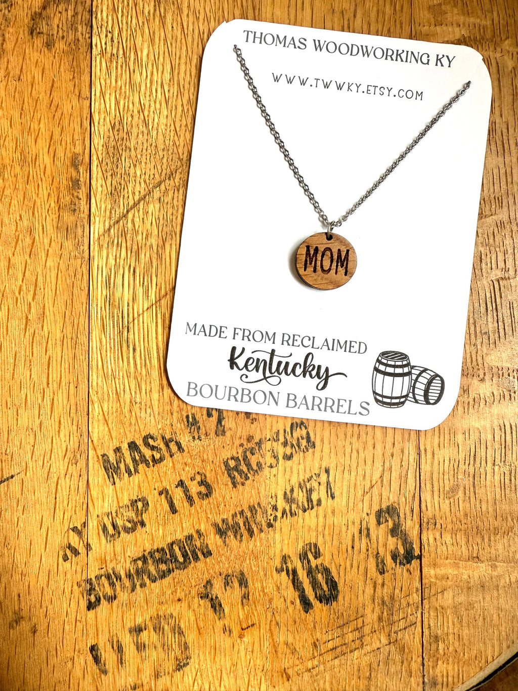 Wood Mom Necklace made from reclaimed Whiskey Barrels.