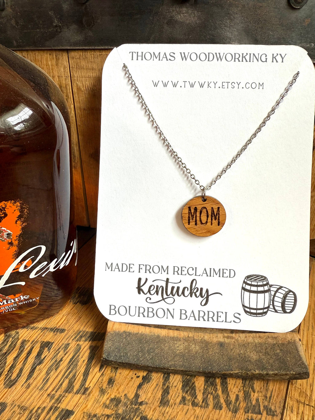 Wood Mom Necklace made from reclaimed Whiskey Barrels.