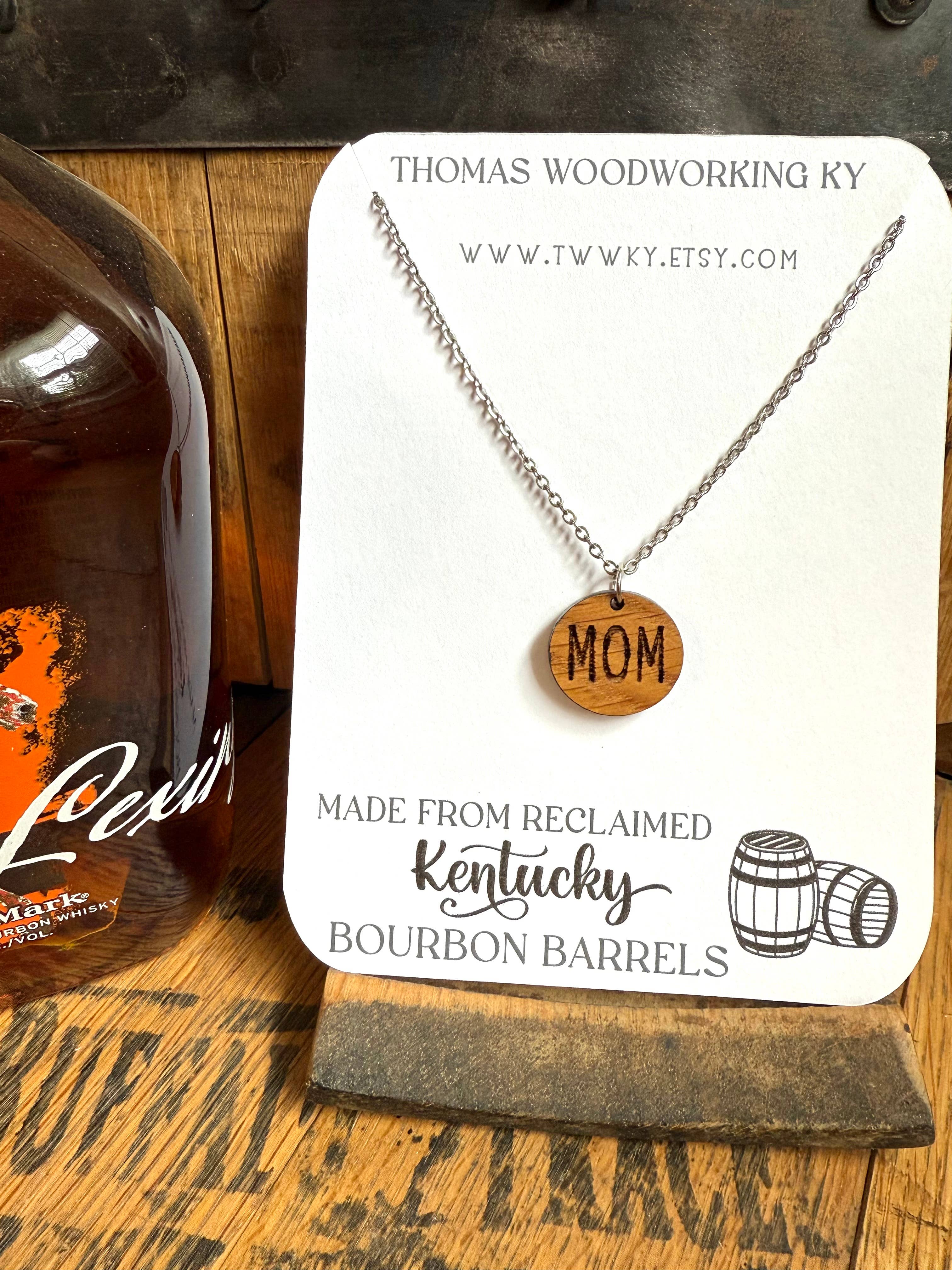 Wood Mom Necklace made from reclaimed Whiskey Barrels.