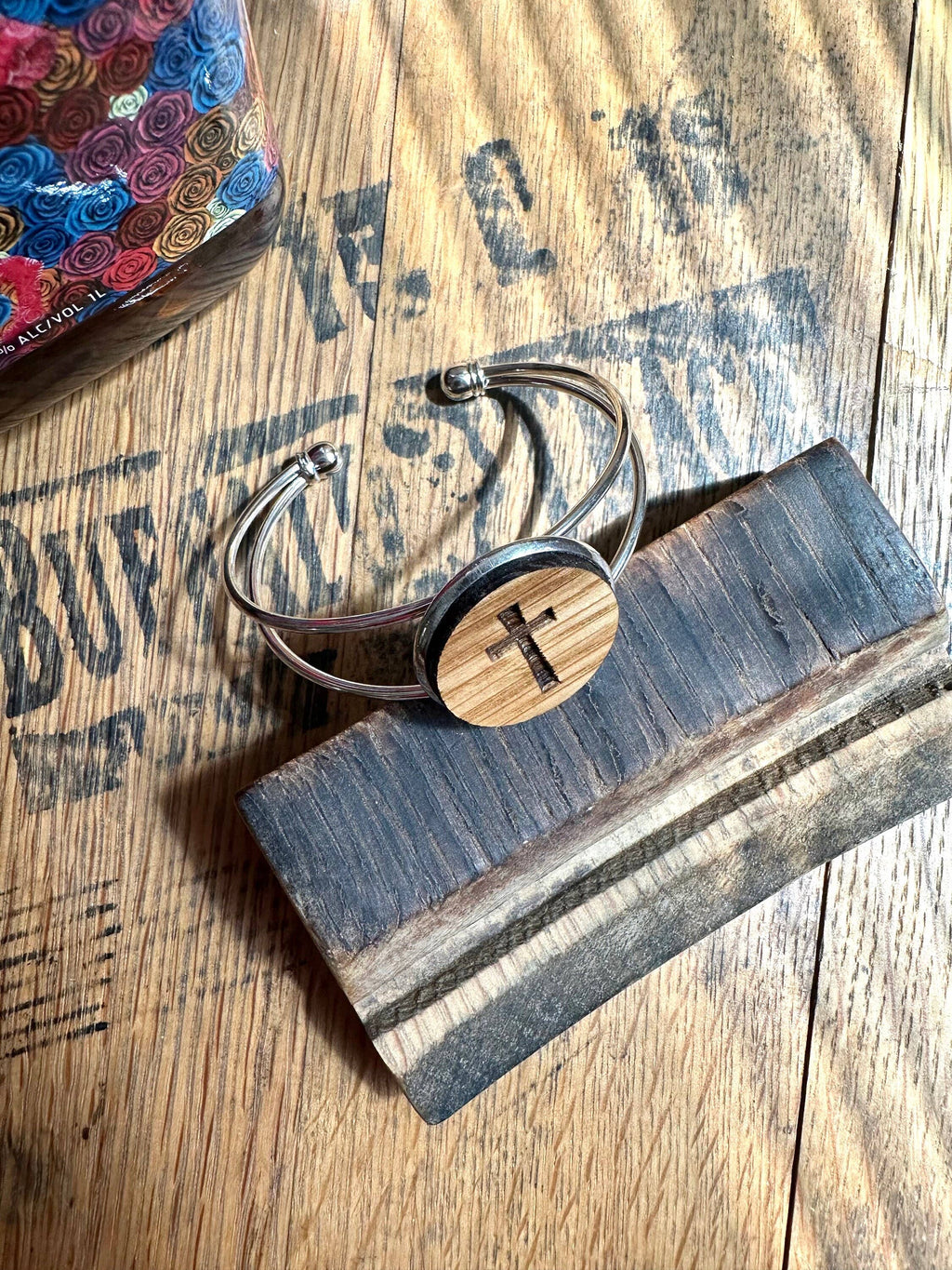 Cross Cuff Bracelet from Reclaimed Kentucky Bourbon Barrels