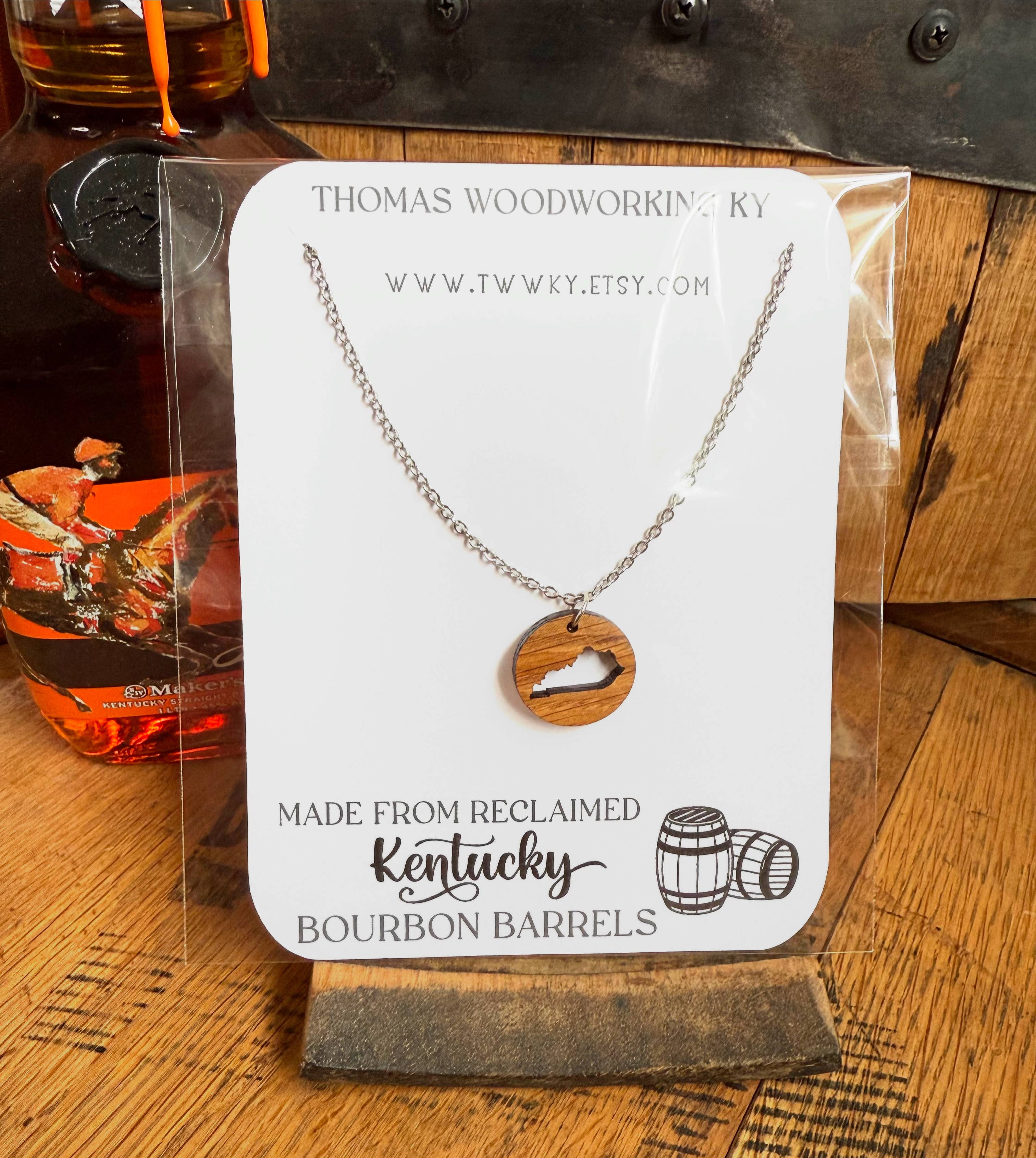 Wood Kentucky Necklace made from bourbon whiskey barrels.