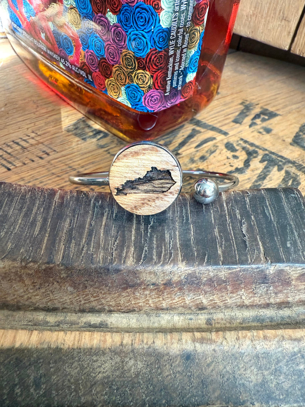 Kentucky State Bracelet made from bourbon whiskey barrels.