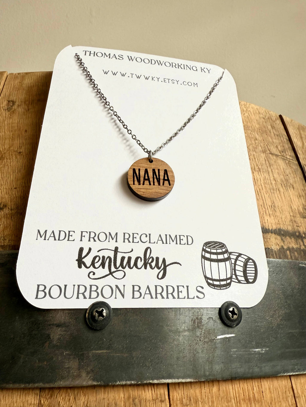 Wood Nana Necklace made from Kentucky Bourbon Barrels.
