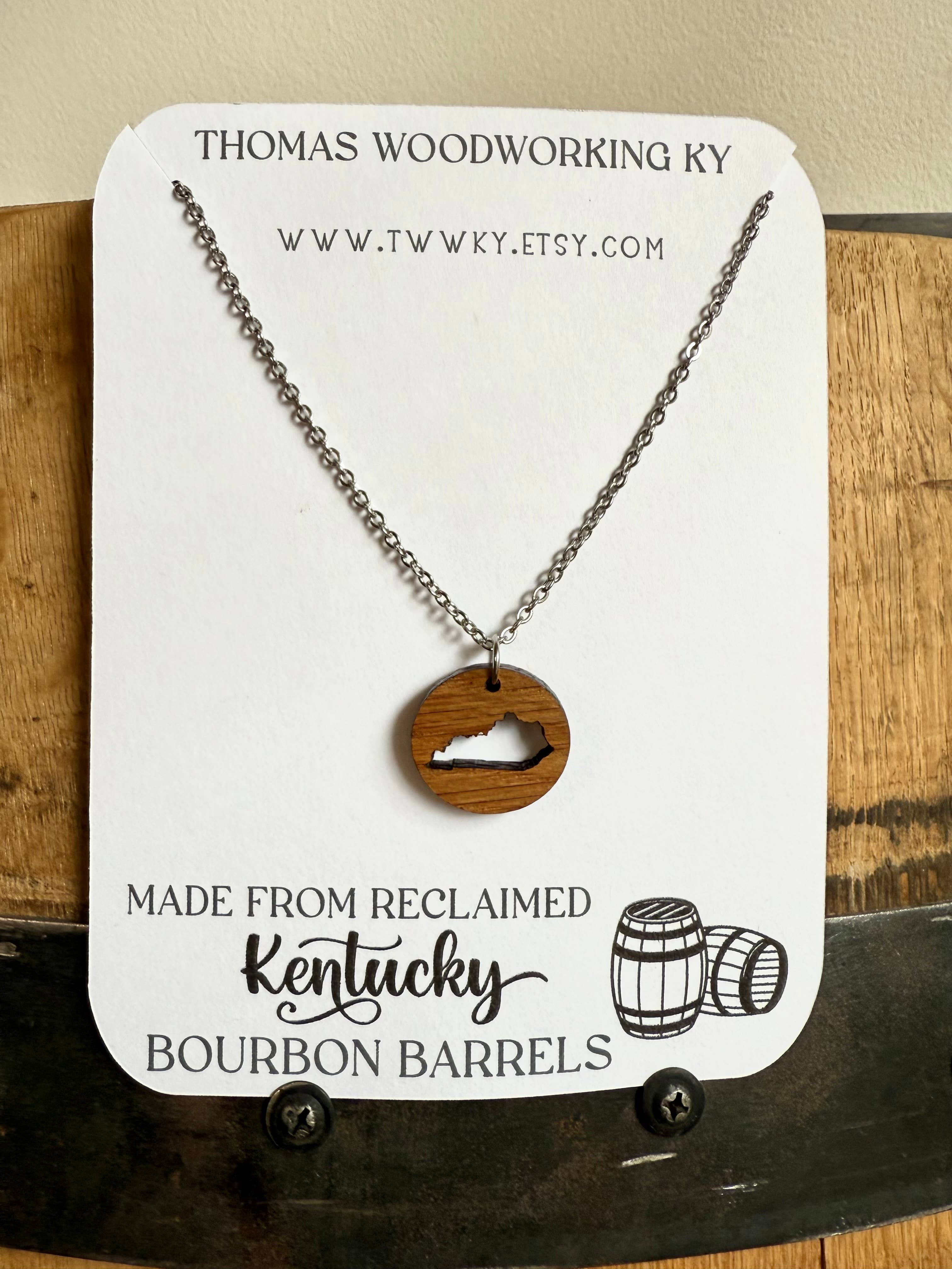 Wood Kentucky Necklace made from bourbon whiskey barrels.