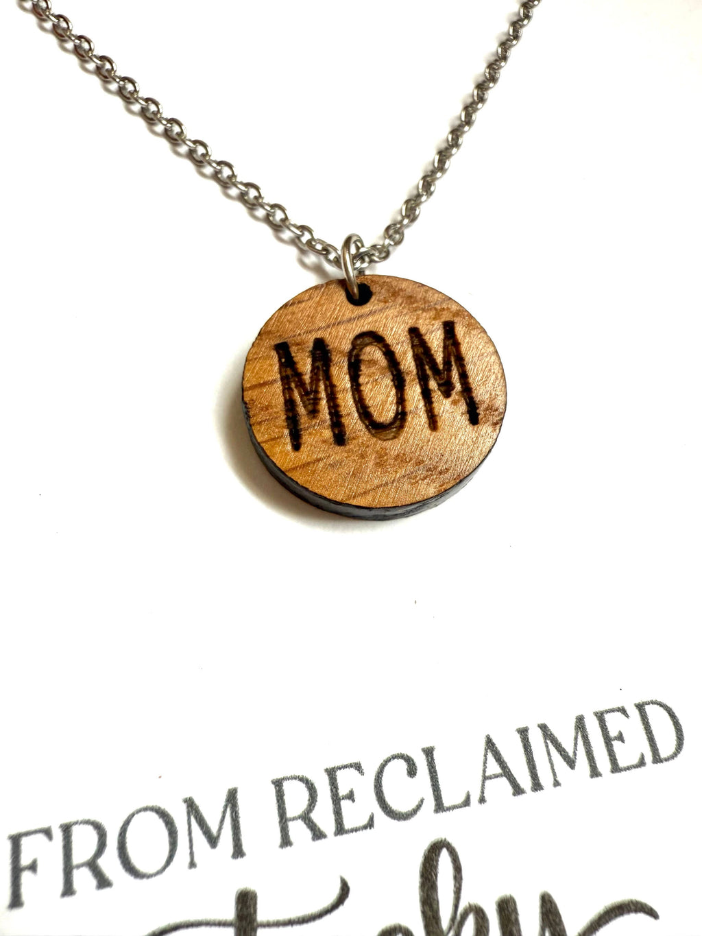 Wood Mom Necklace made from reclaimed Whiskey Barrels.