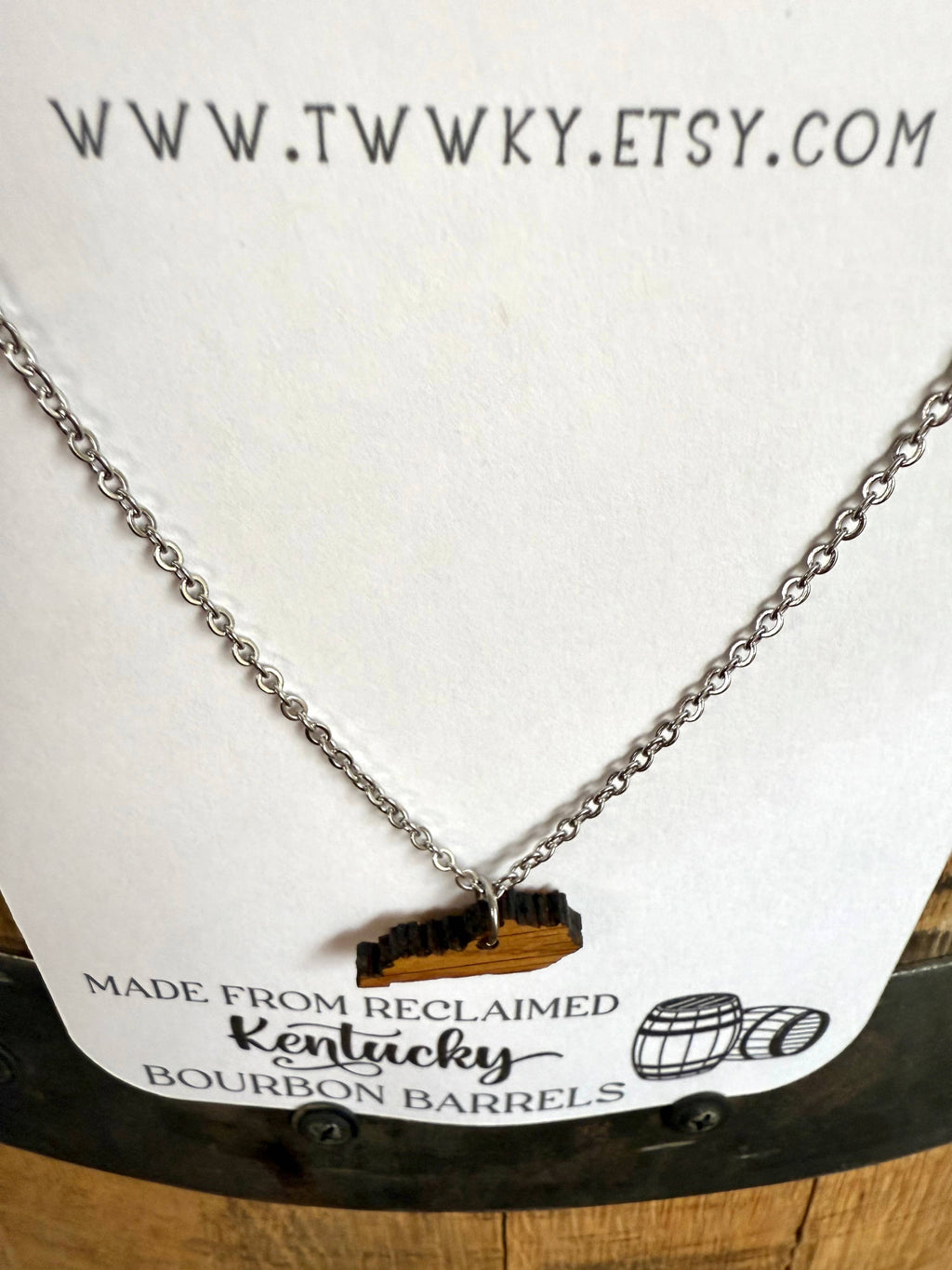 Wood Kentucky Necklace made from Kentucky Bourbon Barrels.