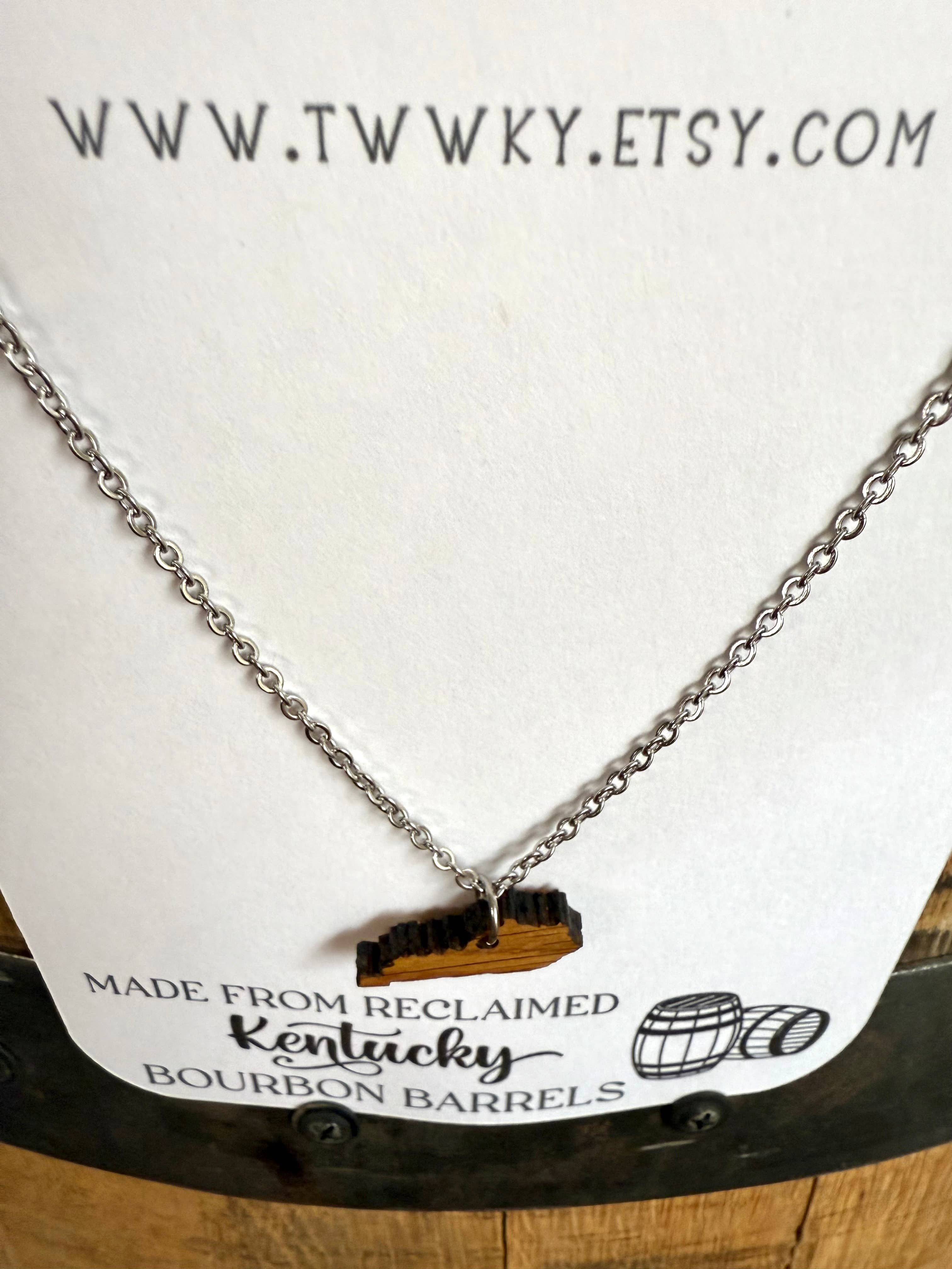 Wood Kentucky Necklace made from Kentucky Bourbon Barrels.