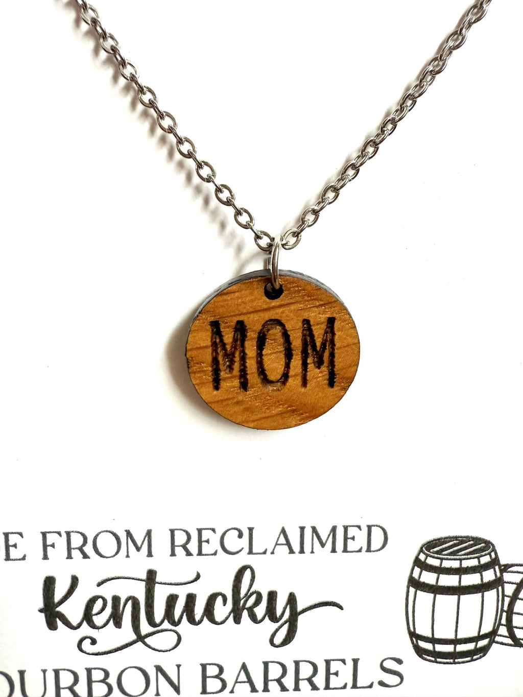 Wood Mom Necklace made from reclaimed Whiskey Barrels.